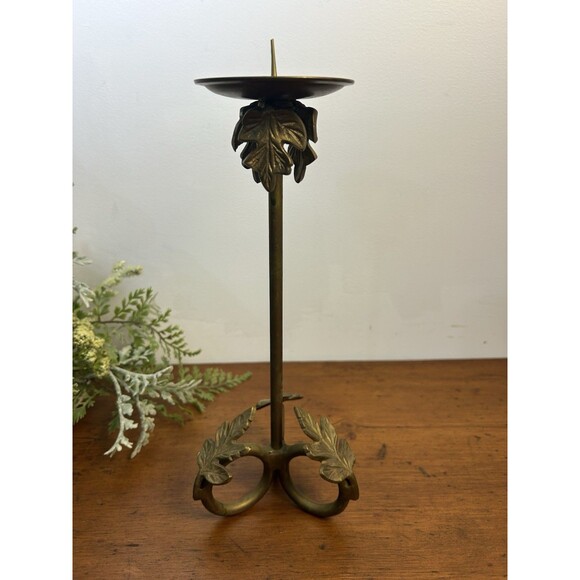 Vintage Brass Pillar Candle Holder With Leaf Motif 10” Tall - Picture 1 of 8
